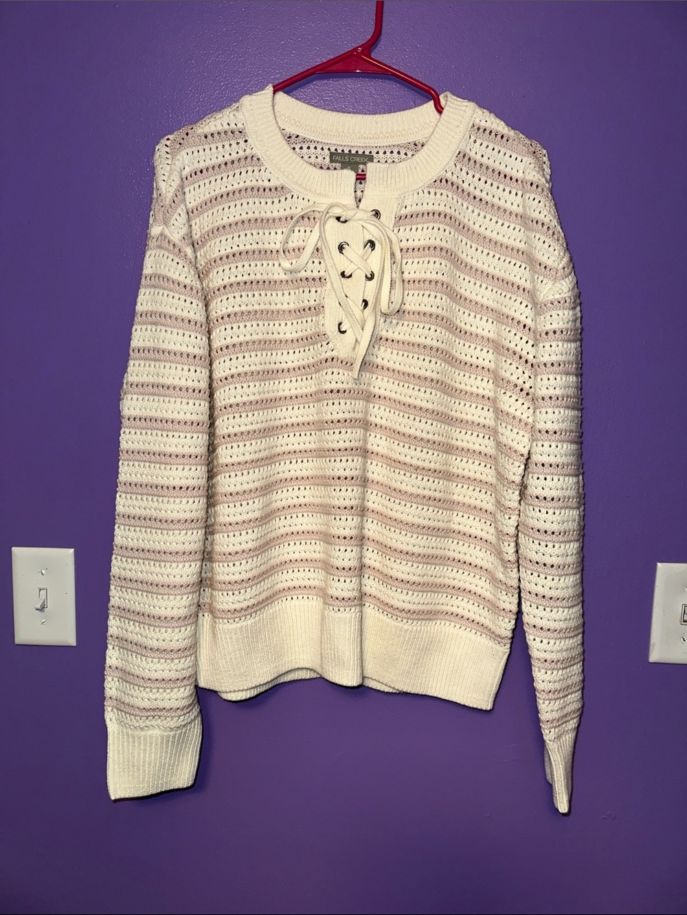 Falls Creek Cream Lace-Up Open-Knit Pullover